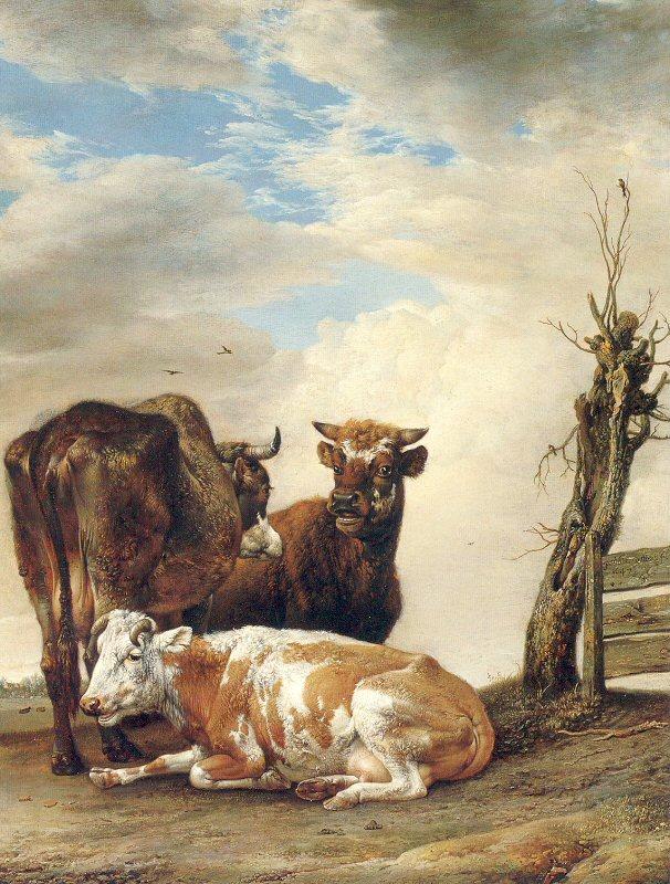POTTER, Paulus Two Cows a Young Bull beside a Fence in a Meadow oil painting picture